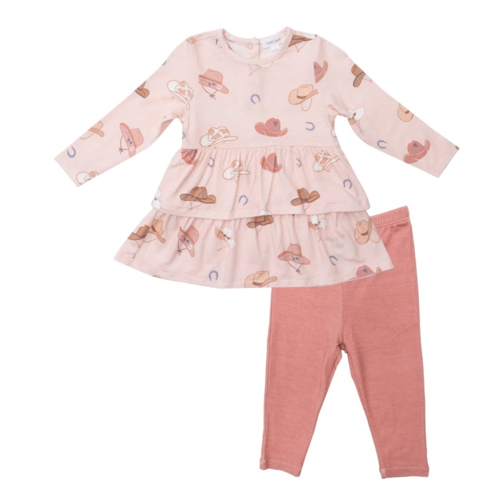 Angel Dear Tullabee Bamboo Ruffle Tunic Dress & Leggings Set Cowboy Hats Pink 4T